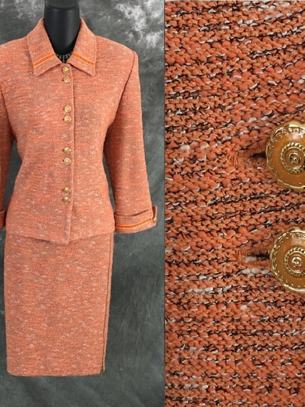 BEAUTIFUL St John collection knit orange multi jacket skirt suit size 8